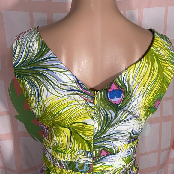 Nanette Lepore Peacock Print Dress W/Pockets Sz 6 Green Multi Lined Pleated - Picture 8 of 11